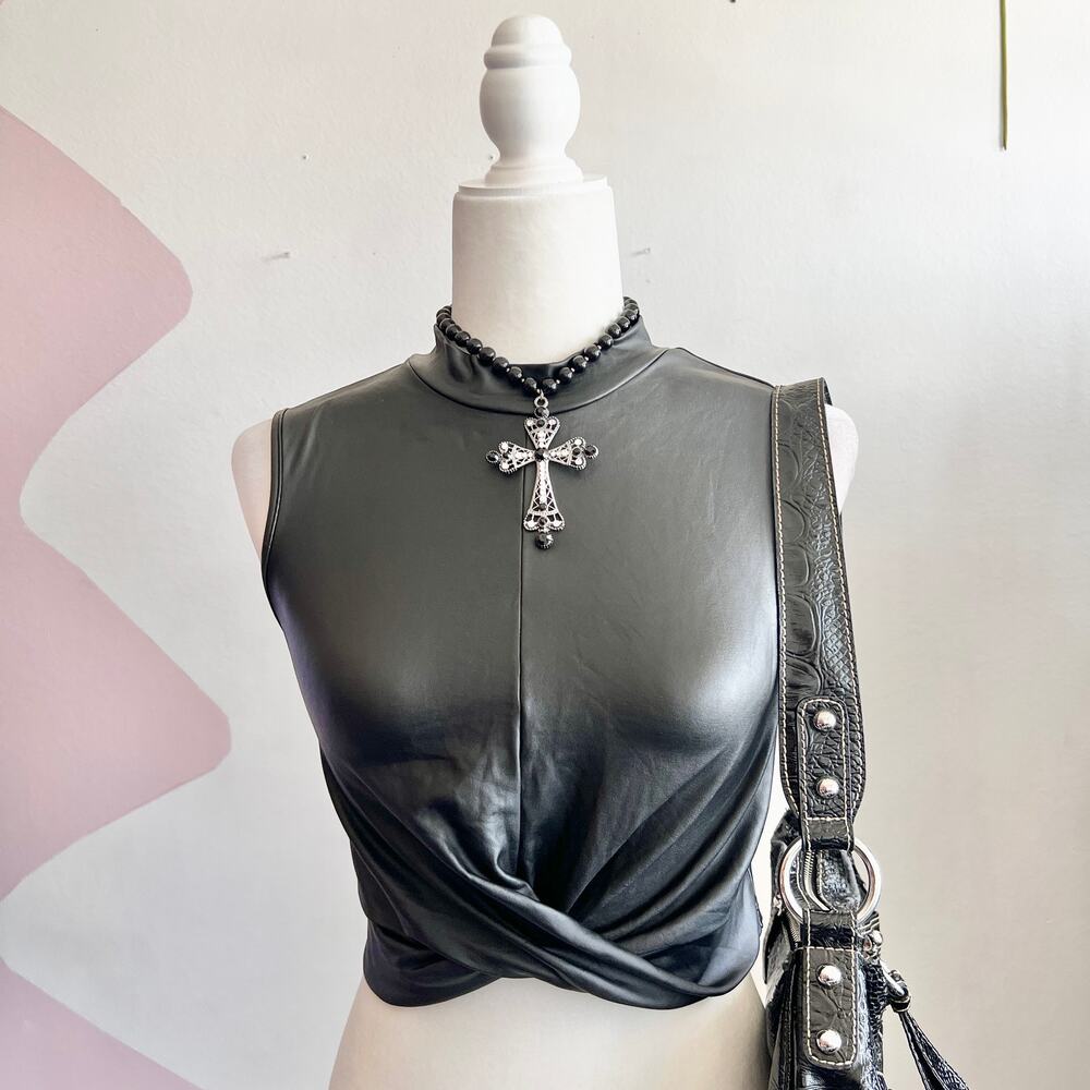 Black Faux‎ Leather Tank Top Y2K 2000s Grunge Edgy Clubwear Small
